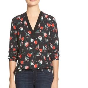 Halogen Knit Trim V-Neck Blouse Mixed-Media Design